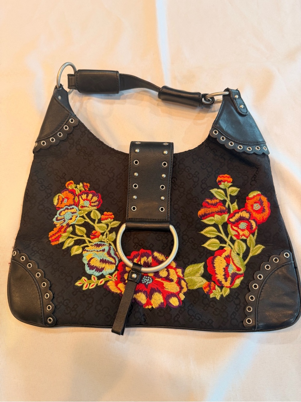 Vintage Y2K BCBGirls Embroidered Floral Leather Hobo Shoulder Bag